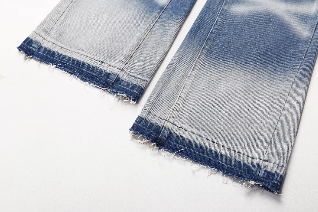640#Gallery Dept New Style Spliced ​​Leather Label Leather Seal Water Ripple Washed Blue Destroyed Splicing Micro-Boot Jeans American High Street Flared Trousers Washed Blue S~XL p290